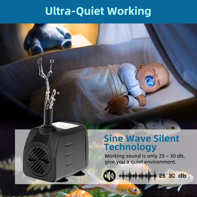 DATOO Mini Submersible Fountain Water Pump With LED Light 160GPH 10W Small Ultra Quiet Water Pump With Tubing For Aquarium Fish Tank Outdoor Pond Water Feature Fountain Statuary - Image 4